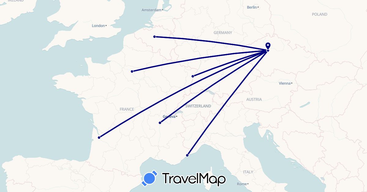 TravelMap itinerary: driving in Belgium, Czech Republic, France (Europe)